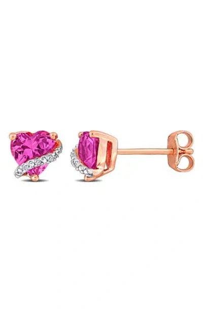 Delmar Lab Grown Pink Sapphire & Diamond Heart Stud Earrings