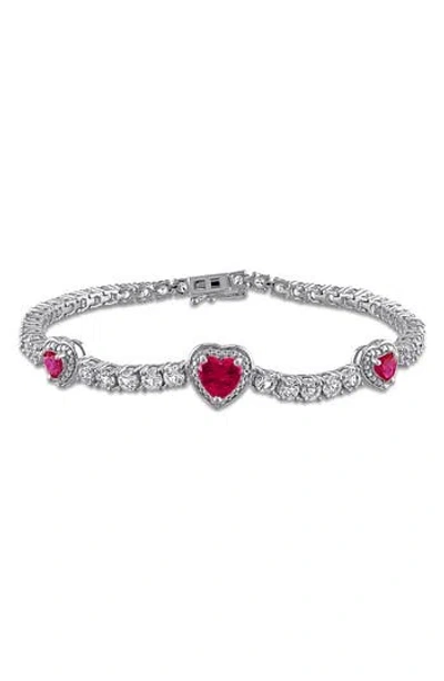 Delmar Lab Grown Ruby & Lab Grown White Sapphire Heart Station Bracelet In Metallic
