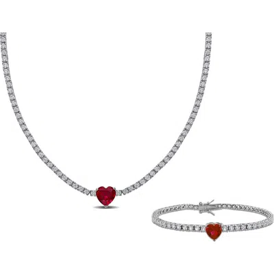 Delmar Lab Grown Ruby Heart & Lab Grown White Sapphire Tennis Necklace & Bracelet Set In Metallic