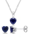 Delmar Lab-grown Sapphire Heart Stud Earrings & Pendant Necklace Set In Blue