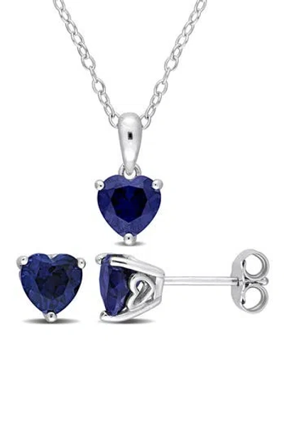 Delmar Lab-grown Sapphire Heart Stud Earrings & Pendant Necklace Set In Blue