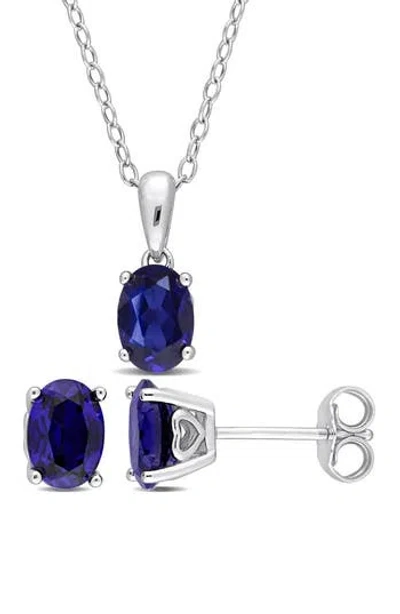 Delmar Lab-grown Sapphire Stud Earrings & Pendant Necklace Set In Blue