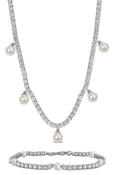 Delmar Lab Grown White Sapphire & Cultured Freshwater Pearl Tennis Necklace & Bracelet Set