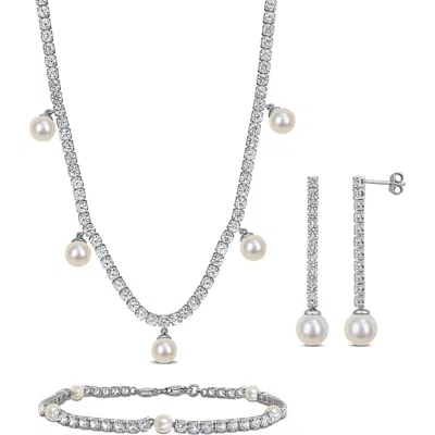 Delmar Lab Grown White Sapphire & Cultured Pearl Earrings, Bracelet & Necklace Set In Silver