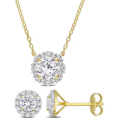 Delmar Lab Grown White Sapphire Round Halo Stud Earrings & Pendant Necklace Set In Gold