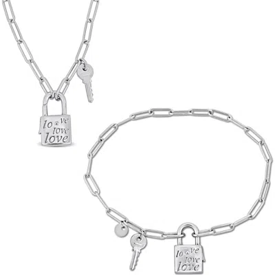 Delmar Lock & Key Charm Paperclip Chain Necklace & Bracelet Set In Neutral