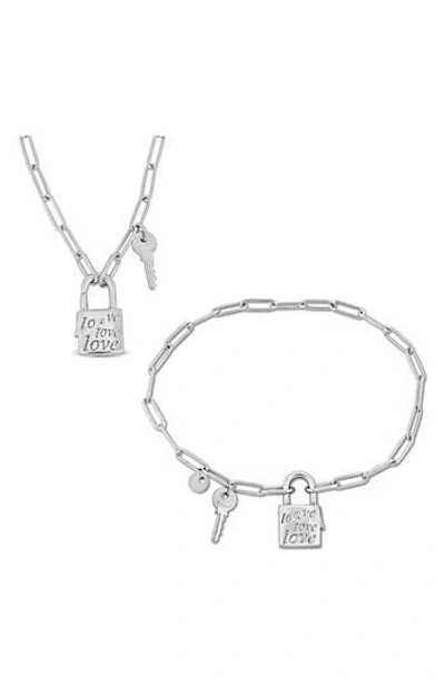 Delmar Lock & Key Charm Paperclip Chain Necklace & Bracelet Set In Metallic