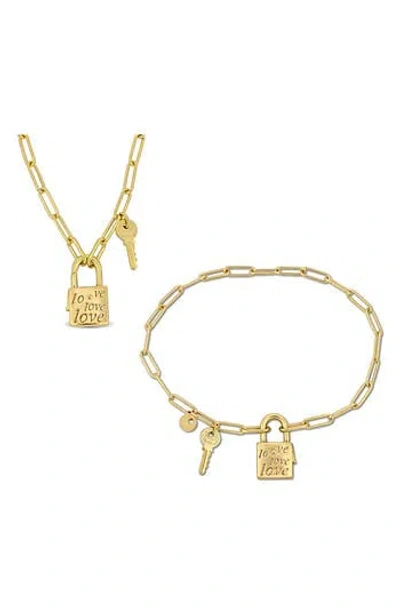 Delmar Lock & Key Charm Paperclip Chain Necklace & Bracelet Set In Yellow Gold