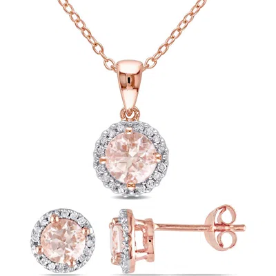 Delmar Morganite & Diamond Halo Pendant Necklace & Stud Earrings Set In Pink