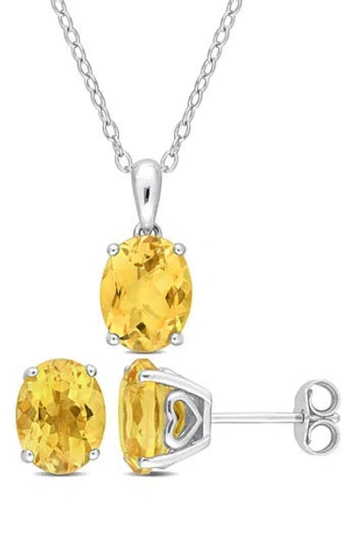 Delmar Oval Cut Citrine Pendant Necklace & Stud Earrings Set In Silver/yellow