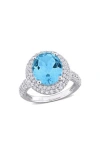 Delmar Oval Cut Semiprecious Stone & Cz Halo Cocktail Ring In Blue