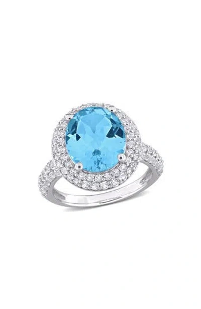 Delmar Oval Cut Semiprecious Stone & Cz Halo Cocktail Ring In Blue