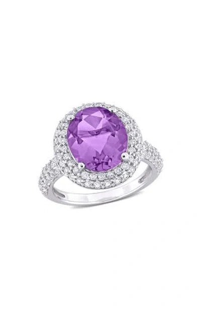 Delmar Oval Cut Semiprecious Stone & Cz Halo Cocktail Ring In Purple