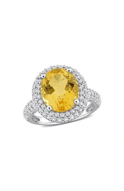 Delmar Oval Cut Semiprecious Stone & Cz Halo Cocktail Ring In Yellow