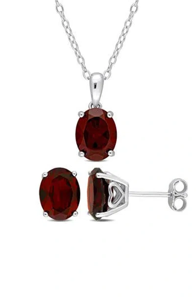 Delmar Oval Garnet Solitaire Pendant Necklace & Stud Earrings Set In Pink