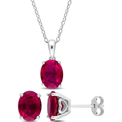 Delmar Oval Lab Grown Ruby Stud Earrings & Pendant Necklace Set In Red
