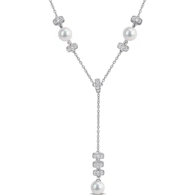 Delmar Pearl & White Sapphire Lariat Necklace In Red