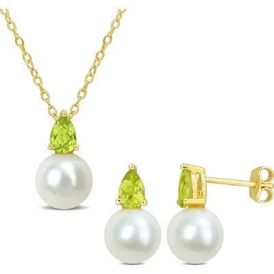 Delmar Peridot & Freshwater Pearl Stud Earrings & Pendant Necklace Set