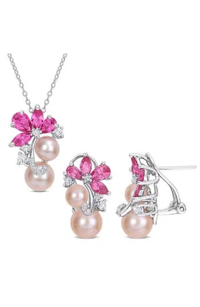 Delmar Pink Cultured Freshwater Pearl & Lab Grown Sapphire Flower Necklace & Earrings Set