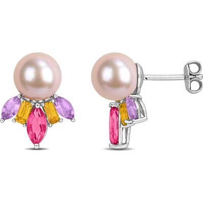 Delmar Pink Freshwater Pearl & Mixed Stone Stud Earrings In Silver