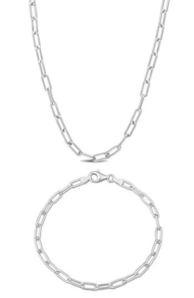 Delmar Polished Paper Clip Chain Necklace & Anklet Set, 3.5mm In White Gold