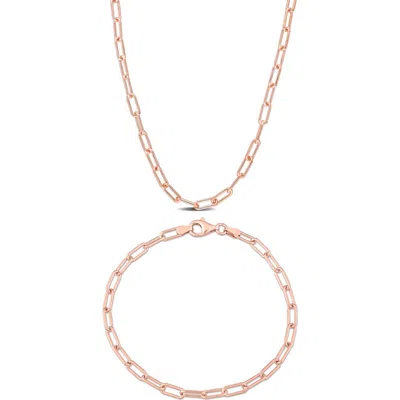 Delmar Polished Paper Clip Chain Necklace & Bracelet Set, 3.5mm In Pink