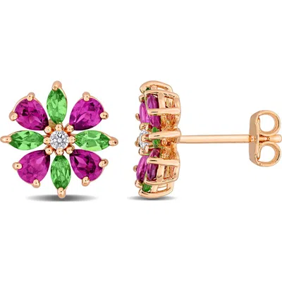 Delmar Rhodolite & Tsavorite Flower Stud Earrings In Purple