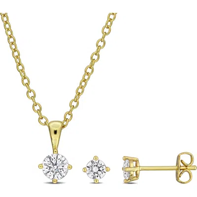 Delmar Round Cubic Zirconia Stud Earrings & Pendant Necklace Set In Gold