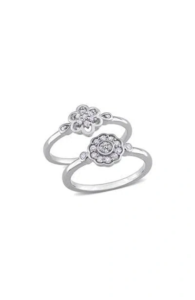 Delmar Set Of 2 Floral Diamond Rings In Silver