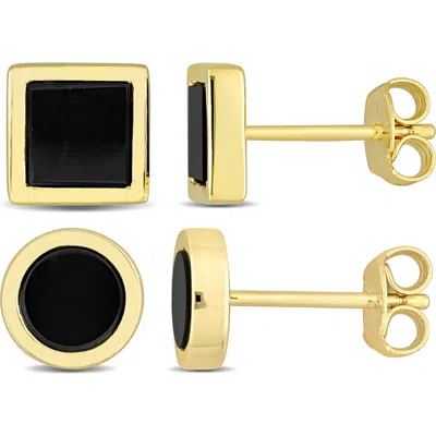 Delmar Set Of 2 Onyx Square & Round Stud Earrings In Gold