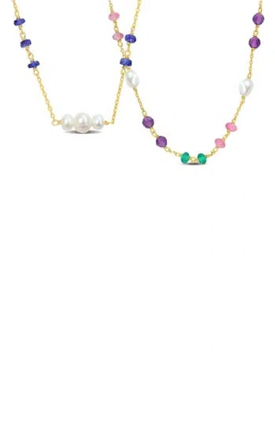 Delmar Set Of 2 Semiprecious Stone & Cultured Freshweater Pearl Necklaces In Gold