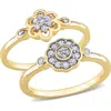 Delmar Set Of 2 Sterling Silver Diamond Flower Rings In Gold