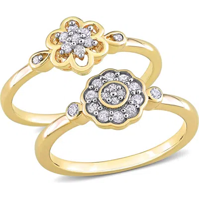 Delmar Set Of 2 Sterling Silver Diamond Flower Rings In Gold