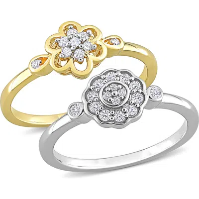 Delmar Set Of 2 Sterling Silver Diamond Flower Rings In Gold/silver