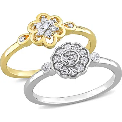 Delmar Set Of 2 Sterling Silver Diamond Flower Rings In Gold