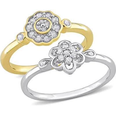 Delmar Set Of 2 Sterling Silver Diamond Flower Rings In Silver/gold