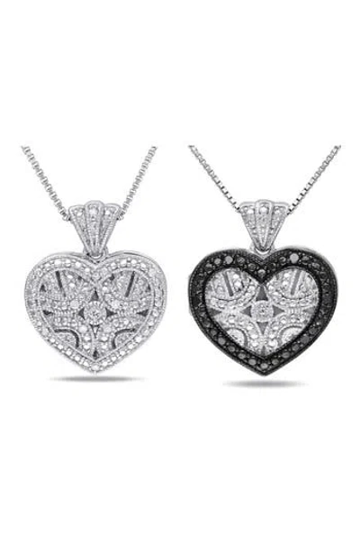 Delmar Set Of 2 Sterling Silver Pavé Diamond Heart Necklaces In White