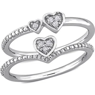 Delmar Set Of 2 Sterling Silver Pavé Diamond Heart Stackable Rings In White