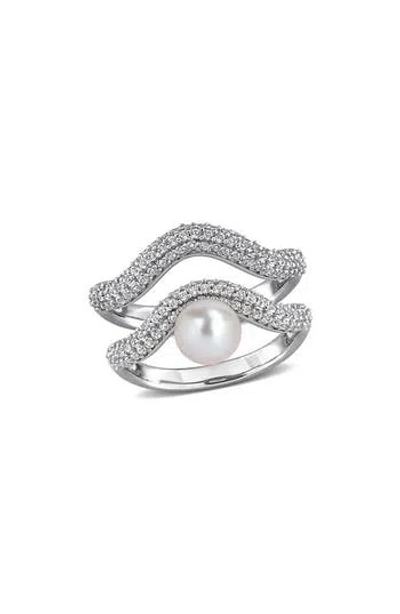 Delmar Set Of 2 Sterling Silver Pavé White Topaz & Cultured Pearl Wavy Band Rings In Metallic