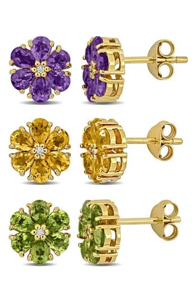 Delmar Set Of 3 Flower Stud Earrings In Multi