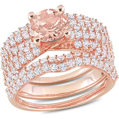 Delmar Set Of 3 Morganite & Lab Created White Sapphire Stackable Rings In Metallic