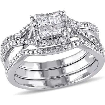 Delmar Set Of 3 Princess Cut Diamond Halo Stackable Rings In Silver