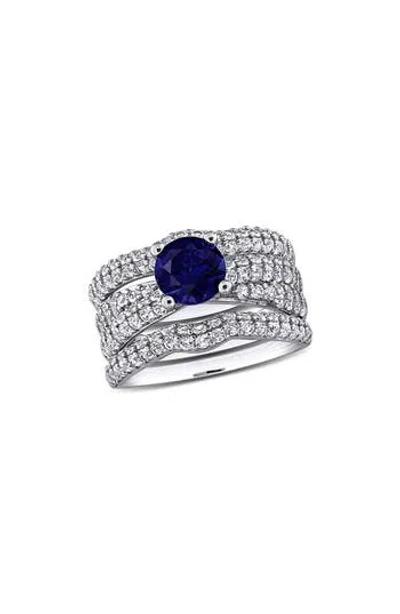 Delmar Set Of 3 Sterling Silver Lab Grown Blue Sapphire & White Sapphire Stackable Rings