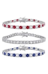Delmar Set Of 3 Sterling Silver Lab Grown White Sapphire, Blue Sapphire & Ruby Tennis Bracelets In Silver Multi