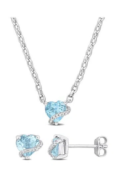 Delmar Sky Blue Topaz & Diamond Heart Stud Earrings & Pendant Necklace Set