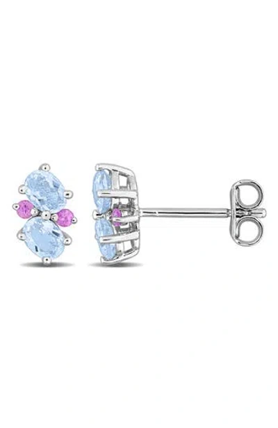 Delmar Sky Blue Topaz & Pink Sapphire Stud Earrings In Metallic