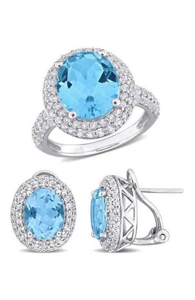 Delmar Sky Blue Topaz & White Topaz Ring & Stud Earrings Set In Metallic
