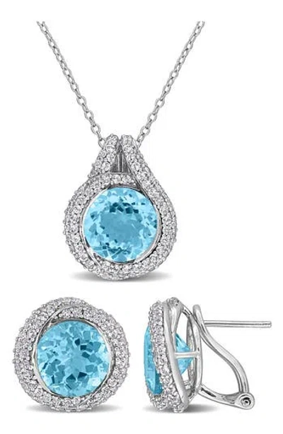 Delmar Sky Blue Topaz Halo Pendant Necklace & Earrings Set In Pattern