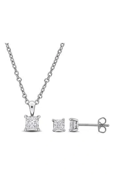 Delmar Square-cut Cubic Zirconia Stud Earrings & Necklace Set In Silver