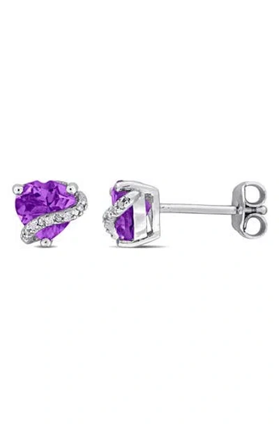 Delmar Sterling Silver Amethyst & Diamond Heart Stud Earrings In Metallic